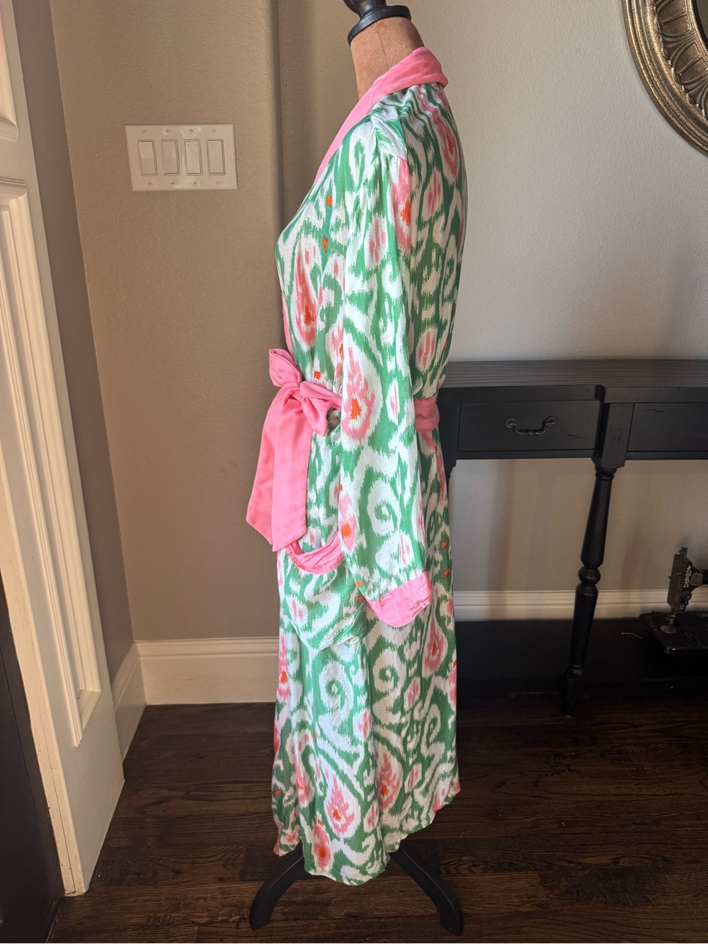 One Hundred Stars Ikat Robe Kimono Duster Pink Green Belted Modal Viscose OS - Picture 5 of 13